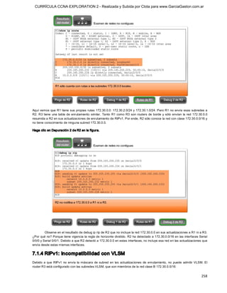 CURRÍCULA CCNA EXPLORATION 2 - Realizada y Subida por Clota para www.GarciaGaston.com.ar




Aquí  vemos que R1 tiene sus propias rutas 172.30.0.0:  172.30.2.0/24 y  172.30.1.0/24. Pero R1 no  envía esas  subredes  a 
R2.  R3 tiene  una  tabla  de  enrutamiento  similar.  Tanto  R1 como R3  son  routers  de  borde  y  sólo  envían  la  red  172.30.0.0 
resumida a R2 en sus actualizaciones de enrutamiento de RIPv1. Por ende, R2 sólo conoce la red con clase 172.30.0.0/16 y 
no tiene conocimiento de ninguna subred 172.30.0.0. 

Haga clic en Depuración 2 de R2 en la figura. 




         Observe en el resultado de debug ip rip de R2 que no incluye la red 172.30.0.0 en sus actualizaciones a R1 ni a R3. 
¿Por qué no? Porque tiene vigencia la regla de horizonte dividido.  R2 ha detectado a 172.30.0.0/16 en las  interfaces Serial 
0/0/0 y Serial 0/0/1. Debido a que R2 detectó a 172.30.0.0 en estas interfaces, no incluye esa red en las actualizaciones que 
envía desde estas mismas interfaces. 

7.1.4 RIPv1: Incompatibilidad con VLSM 
Debido  a  que  RIPv1  no  envía  la  máscara  de  subred  en  las  actualizaciones  de  enrutamiento,  no  puede  admitir  VLSM.  El 
router R3 está configurado con las subredes VLSM, que son miembros de la red clase B 172.30.0.0/16:


                                                                                                                                  258 
 