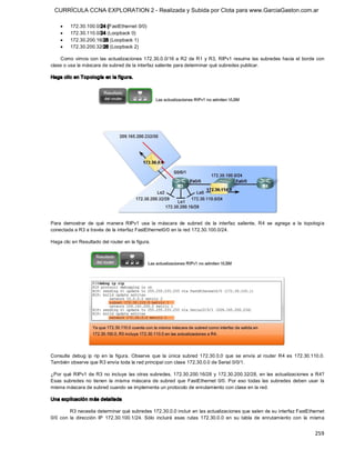 CURRÍCULA CCNA EXPLORATION 2 - Realizada y Subida por Clota para www.GarciaGaston.com.ar

    ·    172.30.100.0/24 (FastEthernet 0/0)
    ·    172.30.110.0/24 (Loopback 0)
    ·    172.30.200.16/28 (Loopback 1)
    ·    172.30.200.32/28 (Loopback 2) 

    Como  vimos  con  las  actualizaciones  172.30.0.0/16  a R2  de  R1  y R3, RIPv1  resume  las  subredes  hacia  el  borde  con 
clase o usa la máscara de subred de la interfaz saliente para determinar qué subredes publicar. 

Haga clic en Topología en la f igura. 




Para  demostrar  de  qué  manera  RIPv1  usa  la  máscara  de  subred  de  la  interfaz  saliente,  R4  se  agrega  a  la  topología 
conectada a R3 a través de la interfaz FastEthernet0/0 en la red 172.30.100.0/24. 

Haga clic en Resultado del router en la figura. 




Consulte  debug  ip  rip  en  la  figura.  Observe  que  la  única  subred  172.30.0.0  que  se  envía  al  router  R4  es  172.30.110.0. 
También observe que R3 envía toda la red principal con clase 172.30.0.0 de Serial 0/0/1. 

¿Por  qué  RIPv1  de R3  no  incluye  las  otras subredes,  172.30.200.16/28  y  172.30.200.32/28,  en  las  actualizaciones  a  R4? 
Esas  subredes  no  tienen  la  misma  máscara  de  subred  que  FastEthernet  0/0.  Por  eso  todas  las  subredes  deben  usar  la 
misma máscara de subred cuando se implementa un protocolo de enrutamiento con clase en la red. 

Una explicación m ás detallada 

          R3 necesita determinar qué subredes 172.30.0.0 incluir en las actualizaciones que salen de su interfaz FastEthernet 
0/0  con  la  dirección  IP  172.30.100.1/24.  Sólo  incluirá  esas  rutas  172.30.0.0  en  su  tabla  de  enrutamiento  con  la  misma


                                                                                                                                    259 
 