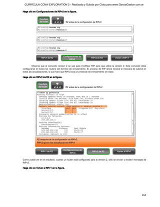 CURRÍCULA CCNA EXPLORATION 2 - Realizada y Subida por Clota para www.GarciaGaston.com.ar

Haga clic en Configuraciones de RIPv2 en la f igura. 




         Observe  que  el  comando  version  2  se  usa  para  modificar  RIP  para  que  utilice  la  versión  2.  Este  comando  debe 
configurarse  en  todos  los  routers  del  dominio  de  enrutamiento.  El  proceso  de RIP  ahora  incluirá  la máscara  de  subred  en 
todas las actualizaciones, lo que hará que RIPv2 sea un protocolo de enrutamiento sin clase. 

Haga clic en RIPv2 de R2 en la f igura. 




Como puede ver en el resultado, cuando un router está configurado para la versión 2, sólo se envían y reciben mensajes de 
RIPv2. 

Haga clic en Volver a RIPv1 en la figura.




                                                                                                                                   264 
 