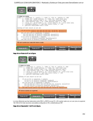 CURRÍCULA CCNA EXPLORATION 2 - Realizada y Subida por Clota para www.GarciaGaston.com.ar




Haga clic en Rutas de R1 en la f igura. 




La única diferencia que hay hasta ahora entre RIPv1 y RIPV2 es que R1 y R3 cuentan cada uno con una ruta a la superred 
192.168.0.0/16. Esta ruta era la ruta estática configurada en R2 y redistribuida por RIP 

Haga clic en Depuración 1 de R1 en la figura.




                                                                                                                  266 
 