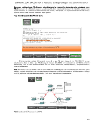 CURRÍCULA CCNA EXPLORATION 2 - Realizada y Subida por Clota para www.GarciaGaston.com.ar

De  manera  predeterm inada,  RIPv2  resum e  automáticamente  las  redes  en  los  bordes  de  redes  principales,  com o 
RIPv1. Los routers R1 y R3 todavía resumen sus subredes 172.30.0.0 a la dirección de clase B de 172.30.0.0 cuando envían 
las actualizaciones de sus interfaces de las redes 209.165.200.228 y 209.165.200.232, respectivamente. El comando show ip 
protocols verifica que el "resumen automático tenga vigencia". 

Haga clic en Depuración 2 de R1 en la figura. 




         El  único  cambio  producto  del  comando  version  2  es  que  R2  ahora  incluye  la  red  192.168.0.0/16  en  sus 
actualizaciones.  Esto  se  debe  a  que  RIPv2  incluye  la  máscara  255.255.0.0  con  la  dirección  de  red  192.168.0.0  en  la 
actualización.  Tanto  R1  como  R3  ahora recibirán  esta  ruta  estática  redistribuida  a  través  de RIPv2  y  la  ingresarán  en  sus 
tablas de enrutamiento. 

Nota: Recuerde que la ruta 192.168.0.0/16 no  pudo distribuirse con  RIPv1  porque la máscara de subred era menor  que la 
máscara con clase. Debido a que la máscara no está incluida en las actualizaciones de RIPv1, el router de RIPv1 no tenía 
forma de determinar qué debería ser esa máscara. Por lo tanto, la actualización nunca se envió. 




7.2.3 Desactivación de Autoresumen de RIPv2




                                                                                                                                     268 
 