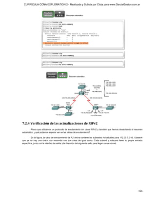 CURRÍCULA CCNA EXPLORATION 2 - Realizada y Subida por Clota para www.GarciaGaston.com.ar




7.2.4 Verificación de las actualizaciones de RIPv2 
        Ahora que  utilizamos  un protocolo de enrutamiento sin clase RIPv2 y también  que hemos desactivado el resumen 
automático, ¿qué podemos esperar ver en las tablas de enrutamiento? 

          En la figura, la tabla de enrutamiento de R2 ahora contiene  las subredes individuales para 172.30.0.0/16. Observe 
que  ya  no  hay  una  única  ruta  resumida  con  dos  rutas  de  igual  costo.  Cada  subred  y  máscara  tiene  su  propia  entrada 
específica, junto con la interfaz de salida y la dirección del siguiente salto para llegar a esa subred.




                                                                                                                                 269 
 