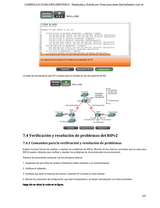CURRÍCULA CCNA EXPLORATION 2 - Realizada y Subida por Clota para www.GarciaGaston.com.ar




La tabla de enrutamiento para R1 muestra que ha recibido la ruta de superred de R2. 




7.4 Verificación y resolución de problemas del RIPv2 
7.4.1 Comandos para la verificación y resolución de problemas 
Existen muchas formas de verificar y resolver los problemas de RIPv2. Muchos de los mismos comandos que se usan para 
RIPv2 pueden utilizarse para verificar y resolver los problemas de otros protocolos de enrutamiento. 

Siempre se recomienda comenzar con los principios básicos: 

1. Asegúrese de que todos los enlaces (interfaces) estén activados y en funcionamiento. 

2. Verifique el cableado. 

3. Verifique que tiene la máscara de subred y dirección IP correcta en cada interfaz. 

4. Elimine los comandos de configuración que sean innecesarios o se hayan reemplazado con otros comandos. 

Haga clic en show ip route en la figura.




                                                                                                                275 
 