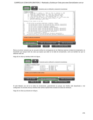 CURRÍCULA CCNA EXPLORATION 2 - Realizada y Subida por Clota para www.GarciaGaston.com.ar




Éste es el primer comando que se usa para verificar la convergencia de red. Mientras examina  la tabla de enrutamiento,  es 
importante  que  busque  tanto  las  rutas  que  espera  que  estén  en  la  tabla  de  enrutamiento,  como  así  también  las  que  no 
deberían estar allí. 

Haga clic en show ip interface brief en la figura. 




Si  está  faltando  una  red  en  la  tabla  de  enrutamiento,  generalmente  es  porque  una  interfaz  está  desactivada  o  mal 
configurada. El comando show ip interface brief verifica rápidamente el estado de todas las interfaces. 

Haga clic en show ip protocols en la figura.




                                                                                                                                  276 
 