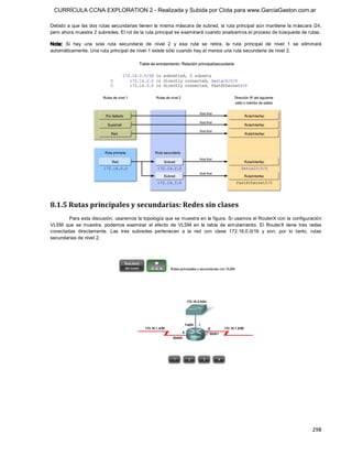 CURRÍCULA CCNA EXPLORATION 2 - Realizada y Subida por Clota para www.GarciaGaston.com.ar

Debido a que las dos rutas secundarias tienen  la misma máscara de subred, la ruta principal aún mantiene la máscara /24, 
pero ahora muestra 2 subredes. El rol de la ruta principal se examinará cuando analicemos el proceso de búsqueda de rutas. 

Nota:  Si  hay  una  sola  ruta  secundaria  de  nivel  2  y  esa  ruta  se  retira,  la  ruta  principal  de  nivel  1  se  eliminará 
automáticamente. Una ruta principal de nivel 1 existe sólo cuando hay al menos una ruta secundaria de nivel 2. 




8.1.5 Rutas principales y secundarias: Redes sin clases 
        Para esta discusión,  usaremos la topología que se muestra en la figura. Si usamos el RouterX con la configuración 
VLSM  que  se  muestra,  podemos  examinar  el  efecto  de  VLSM  en  la  tabla  de  enrutamiento.  El  RouterX  tiene  tres  redes 
conectadas  directamente.  Las  tres  subredes  pertenecen  a  la  red  con  clase  172.16.0.0/16  y  son,  por  lo  tanto,  rutas 
secundarias de nivel 2.




                                                                                                                                 298 
 