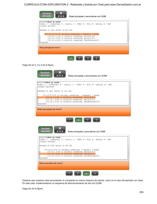 CURRÍCULA CCNA EXPLORATION 2 - Realizada y Subida por Clota para www.GarciaGaston.com.ar




Haga clic en 2, 3 y 4 en la figura. 




Observe que nuestras rutas secundarias no comparten la misma máscara de subred, como en el caso del ejemplo con clase. 
En este caso, implementamos un esquema de direccionamiento de red con VLSM. 

Haga clic en la figura.
                                                                                                                  299 
 