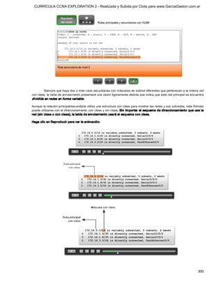 CURRÍCULA CCNA EXPLORATION 2 - Realizada y Subida por Clota para www.GarciaGaston.com.ar




        Siempre que haya dos o más rutas secundarias con máscaras de subred diferentes que pertenecen a la misma red 
con clase, la tabla de enrutamiento presentará una visión ligeramente distinta que indica que esta red principal se encuentra 
dividida en redes en forma variable. 

Aunque la relación principal/secundaria utiliza una estructura con clase para mostrar las redes y sus subredes, este formato 
puede utilizarse con el direccionamiento con clase y sin clase. Sin im portar el esquema de direccionam iento que use la 
red (sin clase o con clase), la tabla de enrutam iento usará el esquema con clase. 

Haga clic en Reproducir para ver la animación.




                                                                                                                         300 
 