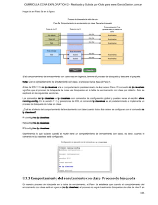 CURRÍCULA CCNA EXPLORATION 2 - Realizada y Subida por Clota para www.GarciaGaston.com.ar

Haga clic en Paso 3a en la figura. 




Si el comportamiento del enrutamiento con clase está en vigencia, termine el proceso de búsqueda y descarte el paquete. 

Nota: Con el comportamiento de enrutamiento con clase, el proceso nunca llega al Paso 4. 

Antes de IOS 11.3, no ip classless era el comportamiento predeterminado de los routers Cisco. El comando no ip classles s 
significa  que  el  proceso  de  búsqueda  de rutas  usa búsquedas  en  la  tabla  de  enrutamiento  con  clase  por  defecto. Esto  se 
explicará en las siguientes secciones. 

Los  comandos  no  ip   classless  e  ip  classless  son  comandos  de  configuración  global  y  pueden  verse  al  escribir  show 
running­config. En la  versión 11.3 y posteriores de  IOS,  el  comando ip  classless es  el predeterminado e implementa un 
proceso de búsqueda de rutas sin clase. 

¿Cuál es el efecto del comportamiento del enrutamiento con clase cuando todos los routers se configuran con el comando no 
ip classless? 

R1(config)#no ip classless 

R2(config)#no ip classless 

R3(config)#no ip classless 

Examinemos  lo  que  sucede  cuando  el  router  tiene  un  comportamiento  de  enrutamiento  con  clase,  es  decir,  cuando  el 
comando no ip classless está configurado. 




8.3.3 Comportamiento del enrutamiento con clase: Proceso de búsqueda 
En  nuestro  proceso  de  búsqueda  en  la  tabla  de  enrutamiento,  el  Paso  3a  establece  que  cuando  el  comportamiento  del 
enrutamiento con clase esté en vigencia (no ip classless) el proceso no seguirá realizando búsquedas de rutas de nivel 1 en

                                                                                                                                  325 
 