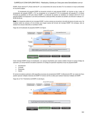 CURRÍCULA CCNA EXPLORATION 2 - Realizada y Subida por Clota para www.GarciaGaston.com.ar

EIGRP, Rutas internas IP y Rutas externas IP. Los componentes del campo de datos TLV se analizan en mayor profundidad 
en la próxima página. 

         El encabezado del paquete EIGRP se encuentra incluido en cada  paquete  EIGRP, sin  importar su tipo. Luego,  el 
encabezado  del  paquete  EIGRP  y  TLV  se  encapsulan  en  un  paquete  IP.  En  el  encabezado  del  paquete  IP,  el  campo 
Protocolo  se  establece  en  88  para  indicar  EIGRP,  y  la  dirección  de  destino  se  establece  en  multicast  224.0.0.10.  Si  el 
paquete EIGRP se encapsula en una trama de Ethernet, la dirección MAC de destino es también una dirección multicast: 01­ 
00­5E­00­00­0A. 

Nota: En el siguiente análisis de los mensajes EIGRP, muchos campos se encuentran más allá del alcance de este curso. Se 
muestran  todos  los  campos  a  fin  de  brindar  una  imagen  exacta  del  formato  del  mensaje  EIGRP.  Sin  embargo,  sólo  se 
analizan los campos relevantes al candidato CCNA. 

Haga clic en Encabezado de paquetes EIGRP en la figura. 




Cada mensaje EIGRP incluye el  encabezado.  Los  campos importantes para nuestro análisis  incluyen el campo Código de 
operación y el campo Número de sistema autónomo. El Código de operación especifica el tipo de paquete EIGRP:

    ·    Actualización
    ·    Consulta
    ·    Respuesta
    ·    Saludo 

El número de sistema autónomo (AS) especifica el proceso de enrutamiento EIGRP. A diferencia de RIP, los routers de Cisco 
pueden ejecutar múltiples instancias de EIGRP. El número de AS se utiliza para rastrear instancias múltiples de EIGRP. 

Haga clic en TLV: Parámetros de EIGRP en esta figura.




                                                                                                                                    342 
 