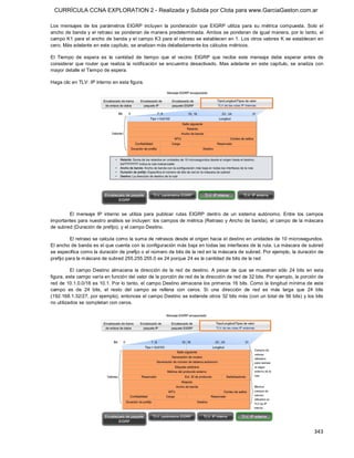 CURRÍCULA CCNA EXPLORATION 2 - Realizada y Subida por Clota para www.GarciaGaston.com.ar

Los  mensajes  de  los  parámetros  EIGRP  incluyen  la  ponderación  que  EIGRP  utiliza  para  su  métrica  compuesta.  Solo  el 
ancho de banda y el retraso se ponderan de manera predeterminada. Ambos se ponderan de igual manera, por lo tanto, el 
campo K1 para el ancho de banda y el campo K3 para el retraso se establecen en 1. Los otros valores K se establecen en 
cero. Más adelante en este capítulo, se analizan más detalladamente los cálculos métricos. 

El  Tiempo  de  espera  es  la  cantidad  de  tiempo  que  el  vecino  EIGRP  que  recibe  este  mensaje  debe  esperar  antes  de 
considerar  que  router  que  realiza  la  notificación  se  encuentra  desactivado.  Mas  adelante  en  este  capítulo,  se  analiza  con 
mayor detalle el Tiempo de espera. 

Haga clic en TLV: IP interno en esta figura. 




        El  mensaje  IP  interno  se  utiliza  para  publicar  rutas  EIGRP  dentro  de  un  sistema  autónomo.  Entre  los  campos 
importantes para nuestro análisis se incluyen:  los campos de métrica (Retraso y Ancho de banda),  el campo de la máscara 
de subred (Duración de prefijo), y el campo Destino. 

          El retraso se calcula como la suma de retrasos desde el origen hacia el destino en unidades de 10 microsegundos. 
El ancho de banda es el que cuenta con la configuración más baja en todas las interfaces de la ruta. La máscara de subred 
se especifica como la duración de prefijo o el número de bits de la red en la máscara de subred. Por ejemplo, la duración de 
prefijo para la máscara de subred 255.255.255.0 es 24 porque 24 es la cantidad de bits de la red. 

          El  campo  Destino  almacena  la  dirección  de  la  red  de  destino.  A  pesar  de  que  se  muestran  sólo  24  bits  en  esta 
figura, este campo varía en función del valor de la porción de red de la dirección de red de 32 bits. Por ejemplo, la porción de 
red de 10.1.0.0/16 es 10.1. Por lo tanto, el campo Destino almacena los primeros 16 bits. Como la  longitud mínima de este 
campo  es  de  24  bits,  el  resto  del  campo  se  rellena  con  ceros.  Si  una  dirección  de  red  es  más  larga  que  24  bits 
(192.168.1.32/27, por ejemplo), entonces el campo Destino se extiende otros 32 bits más (con un total de 56 bits) y los bits 
no utilizados se completan con ceros.




                                                                                                                                      343 
 
