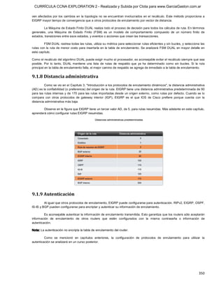 CURRÍCULA CCNA EXPLORATION 2 - Realizada y Subida por Clota para www.GarciaGaston.com.ar

ven  afectados  por  los  cambios  en  la  topología  no  se  encuentran  involucrados  en  el  recálculo.  Este método  proporciona  a 
EIGRP mayor tiempo de convergencia que a otros protocolos de enrutamiento por vector de distancia. 

        La Máquina de Estado Finito DUAL realiza todo el proceso de decisión para todos los cálculos de ruta. En términos 
generales,  una  Máquina  de  Estado  Finito  (FSM)  es  un  modelo  de  comportamiento  compuesto  de  un  número  finito  de 
estados, transiciones entre esos estados, y eventos o acciones que crean las transacciones. 

        FSM DUAL rastrea todas las rutas, utiliza su métrica para seleccionar rutas eficientes y sin bucles, y selecciona las 
rutas con la ruta de menor costo para insertarla en la tabla  de enrutamiento.  Se analizará FSM DUAL  en mayor detalle en 
este capítulo. 

Como el recálculo del algoritmo DUAL puede exigir mucho al procesador, es aconsejable evitar el recálculo siempre que sea 
posible.  Por  lo  tanto,  DUAL  mantiene  una  lista  de  rutas  de  respaldo  que  ya  ha  determinado  como  sin  bucles.  Si  la  ruta 
principal en la tabla de enrutamiento falla, el mejor camino de respaldo se agrega de inmediato a la tabla de enrutamiento. 


9.1.8 Distancia administrativa 
         Como se vio en el Capítulo 3, "Introducción a los protocolos de enrutamiento dinámicos", la distancia administrativa 
(AD) es la confiabilidad (o preferencia) del origen de la ruta. EIGRP tiene una distancia administrativa predeterminada de 90 
para las  rutas internas y de 170 para las rutas importadas desde un origen externo,  como rutas por defecto.  Cuando se lo 
compara  con  otros  protocolos  de  gateway  interior  (IGP),  EIGRP  es  el  que  IOS  de  Cisco  prefiere  porque  cuenta  con  la 
distancia administrativa más baja. 

        Observe en la figura que EIGRP tiene un tercer valor AD, de 5, para rutas resumidas. Más adelante en este capítulo, 
aprenderá cómo configurar rutas EIGRP resumidas. 




9.1.9 Autenticación 
         Al igual que otros protocolos de enrutamiento, EIGRP puede configurarse para autenticación. RIPv2, EIGRP, OSPF, 
IS­IS y BGP pueden configurarse para encriptar y autenticar su información de enrutamiento. 

         Es aconsejable autenticar la información de enrutamiento transmitida. Esto garantiza que los routers sólo aceptarán 
información  de  enrutamiento  de  otros  routers  que  estén  configurados  con  la  misma  contraseña  o  información  de 
autenticación. 

Nota: La autenticación no encripta la tabla de enrutamiento del router. 

         Como  se  mencionó  en  capítulos  anteriores,  la  configuración  de  protocolos  de  enrutamiento  para  utilizar  la 
autenticación se analizará en un curso posterior.




                                                                                                                                     350 
 