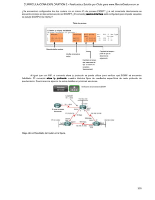 CURRÍCULA CCNA EXPLORATION 2 - Realizada y Subida por Clota para www.GarciaGaston.com.ar

¿Se  encuentran  configurados  los  dos  routers  con  el  mismo  ID  de  proceso  EIGRP?  ¿La  red  conectada  directamente  se 
encuentra incluida en las sentencias de red EIGRP? ¿El comando passive­interface está configurado para impedir paquetes 
de saludo EIGRP en la interfaz? 




         Al  igual  que  con  RIP,  el  comando  show  ip  protocols  se  puede  utilizar  para  verificar  que  EIGRP  se  encuentre 
habilitado.  El  comando  show   ip  protocols  muestra  distintos  tipos  de  resultados  específicos  de  cada  protocolo  de 
enrutamiento. Examinaremos algunos de estos detalles en próximas secciones. 




Haga clic en Resultado del router en la figura.




                                                                                                                                359 
 