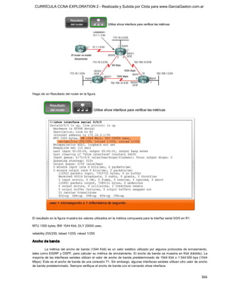 CURRÍCULA CCNA EXPLORATION 2 - Realizada y Subida por Clota para www.GarciaGaston.com.ar




Haga clic en Resultado del router en la figura. 




El resultado en la figura muestra los valores utilizados en la métrica compuesta para la interfaz serial 0/0/0 en R1. 

MTU 1500 bytes, BW 1544 Kbit, DLY 20000 usec, 

reliability 255/255, txload 1/255, rxload 1/255 

Ancho de banda 

        La  métrica  del  ancho  de  banda  (1544 Kbit) es  un  valor  estático  utilizado  por  algunos  protocolos  de enrutamiento, 
tales como EIGRP y OSPF, para calcular  su métrica de enrutamiento.  El ancho de banda se muestra  en Kbit  (kilobits). La 
mayoría de las interfaces seriales  utilizan el valor  de ancho de banda predeterminado de 1544 Kbit  o 1 544 000 bps (1544 
Mbps). Éste es el ancho de banda de una conexión T1. Sin embargo, algunas interfaces seriales utilizan otro valor de ancho 
de banda predeterminado. Siempre verifique el ancho de banda con el comando show interface.


                                                                                                                                 366 
 