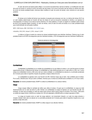 CURRÍCULA CCNA EXPLORATION 2 - Realizada y Subida por Clota para www.GarciaGaston.com.ar

         El valor del ancho de banda puede reflejar o no el ancho de banda físico real de la interfaz. La modificación del valor 
del ancho de banda no cambia el ancho de banda real del enlace. Si el ancho de banda real del enlace es distinto del valor 
de  ancho  de  banda  predeterminado,  entonces  debe modificar  el  valor  de  ancho  de  banda,  como  veremos en  una  sección 
posterior. 

Retraso 

          El retraso es la medida del tiempo que necesita un paquete para atravesar una ruta. La métrica del retraso (DLY) es 
un  valor  estático  determinado  en  función  del  tipo  de  enlace  al  cual  se  encuentra  conectada  la  interfaz  y  se  expresa  en 
microsegundos. El retraso no se mide en forma dinámica. En otras palabras, el router no registra en realidad cuánto tiempo 
les lleva a los paquetes llegar al destino.  El valor de retraso, como el valor de ancho de banda, es un valor predeterminado 
que el administrador de red puede modificar. 

MTU 1500 bytes, BW 1544 Kbit, DLY 20000 usec,

reliability 255/255, txload 1/255, rxload 1/255 

        La tabla en la figura muestra los valores de retraso predeterminados para distintas interfaces. Observe que el valor 
predeterminado es 20 000 microsegundos para las interfaces seriales y 100 microsegundos para las interfaces FastEthernet. 




Confiabilidad 

        Confiabilidad (confiabilidad) es la medida de probabilidad en la que fallará el enlace o con qué frecuencia el enlace 
experimenta errores. A diferencia del retraso, la confiabilidad se mide dinámicamente con un valor entre 0 y 255, con 1 como 
enlace de confiabilidad mínima y 255 como cien por ciento confiable. La confiabilidad se calcula en un promedio ponderado 
de 5 minutos para evitar el repentino impacto de grandes (o bajos) índices de error. 

         La  confiabilidad se expresa como una fracción de 255; mientras mayor  sea el  valor, más confiable será el  enlace. 
Por lo tanto, 255/255 sería 100 por ciento confiable, mientras que un enlace de 234/255 sería confiable en un 91,8 por ciento. 

Recuerde: De manera predeterminada, EIGRP no utiliza la confiabilidad en su cálculo métrico. 

Carga 

        Carga  (carga)  refleja  la  cantidad  de  tráfico  que  utiliza  el  enlace.  Al  igual  que  la  confiabilidad,  la  carga  se  mide 
dinámicamente  con un valor de entre 0  y 255. Similar a  la  confiabilidad,  la  carga se expresa con  una fracción de 255.  Sin 
embargo, en este caso se prefiere un valor de carga menor porque indica menos carga en el enlace. Por lo tanto, 1/255 sería 
un enlace de carga mínima. 40/255 es un enlace con 16% de capacidad y 255/255 sería un enlace saturado al 100%. 

         La  carga  se  muestra  como  un  valor  de  carga  saliente  o  de  transmisión  (txload)  y  un  valor  de  carga  entrante  o 
receptor (rxload). Este valor se calcula con un promedio ponderado de 5 minutos para evitar el repentino impacto de un uso 
grande (o bajo) del canal. 

Recuerde: De manera predeterminada, EIGRP no utiliza carga en sus cálculos métricos.




                                                                                                                                         367 
 