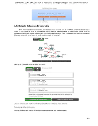CURRÍCULA CCNA EXPLORATION 2 - Realizada y Subida por Clota para www.GarciaGaston.com.ar




9.3.3 Cálculo del comando bandwith 
         En la mayoría de los enlaces seriales, la métrica del ancho de banda será de 1544 Kbits por defecto. Debido a que 
EIGRP  y  OSPF  utilizan  el  ancho  de  banda  en  los  cálculos  métricos  predeterminados,  un  valor  correcto  para  el  ancho  de 
banda es muy importante para la precisión de la información de enrutamiento. Pero, ¿qué sucede si el ancho de banda real 
del enlace no coincide con el ancho de banda predeterminado de la interfaz? 




Haga clic en Configurar ancho de banda en la figura. 




Utilice el comando de la interfaz bandwidth para modificar la métrica del ancho de banda: 

Router(config­if)#bandwidth kilobits 

Utilice el comando de la interfaz no bandwidth para restablecer el valor predeterminado.




                                                                                                                                  368 
 