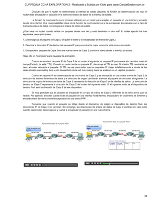 CURRÍCULA CCNA EXPLORATION 2 - Realizada y Subida por Clota para www.GarciaGaston.com.ar

         Después  de  que  el  router  ha  determinado  la  interfaz  de  salida  utilizando  la  función  de  determinación  de  ruta,  el 
router debe encapsular el paquete en la trama de enlace de datos de la interfaz de salida. 

        La función de conmutación es el proceso utilizado por un router para aceptar un paquete en una interfaz y enviarlo 
desde otra interfaz. Una responsabilidad clave de  la función de conmutación es la de encapsular los paquetes en el tipo de 
trama de enlace de datos correcto para el enlace de datos de salida. 

¿Qué  hace  un  router  cuando  recibe  un  paquete  desde  una  red  y  está  destinado  a  otra  red?  El  router  ejecuta  los  tres 
siguientes pasos principales: 

1. Desencapsula el paquete de Capa 3 al quitar el tráiler y el encabezado de trama de Capa 2. 

2. Examina la dirección IP de destino del paquete IP para encontrar la mejor ruta en la tabla de enrutamiento. 

3. Encapsula el paquete de Capa 3 en una nueva trama de Capa 2 y envía la trama desde la interfaz de salida. 

Haga clic en Reproducir para visualizar la animación. 

           Cuando se envía el paquete IP de Capa 3 de un router al siguiente, el paquete IP permanece sin cambios, salvo el 
campo Período de vida (TTL). Cuando un router recibe un paquete IP, disminuye el TTL en uno. Si el valor TTL resultante es 
cero,  el  router  descarta  el  paquete.  El  TTL  se  usa  para  evitar  que  los  paquetes  IP  viajen  indefinidamente  a  través  de las 
redes debido a un routing loop u otro desperfecto de la red. Los routing loops se analizan en un capítulo posterior. 

          Cuando el paquete IP se desencapsula de una trama de Capa 2 y se encapsula en una nueva trama de Capa 2, la 
dirección de destino del enlace de datos y la dirección de origen cambiarán al enviar el paquete de un router al siguiente. La 
dirección de origen del enlace de datos de Capa 2 representa la dirección de Capa 2 de la interfaz de salida. La dirección de 
destino de Capa 2 representa la dirección de Capa 2 del router del siguiente salto.  Si el siguiente salto es el dispositivo de 
destino final, será la dirección de Capa 2 de ese dispositivo. 

          Es muy probable que el  paquete  se encapsule en  un  tipo de trama de Capa 2 diferente de la trama en la que se 
recibió. Por ejemplo, el router puede recibir el paquete en una interfaz FastEthernet, encapsularlo en una trama de Ethernet y 
enviarlo desde la interfaz serial encapsulado en una trama PPP. 

         Recuerde  que  cuando  el  paquete  se  dirige  desde  el  dispositivo  de  origen  al  dispositivo  de  destino  final,  las 
direcciones  IP  de Capa 3 no  cambian. Sin embargo,  las  direcciones de enlace  de datos de Capa 2 cambian en cada salto 
cuando cada router desencapsula y vuelve a encapsular el paquete en una nueva trama.




                                                                                                                                          38 
 