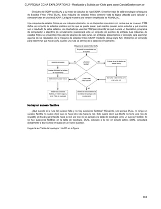 CURRÍCULA CCNA EXPLORATION 2 - Realizada y Subida por Clota para www.GarciaGaston.com.ar

     El núcleo de EIGRP son DUAL y su motor de cálculos de ruta EIGRP. El nombre real de esta tecnología es Máquina 
 de  Estados  Finito  (FSM)  DUAL.  Esta  máquina  de  estados  finitos  contiene  toda  la  lógica  utilizada  para  calcular  y 
 comparar rutas en una red EIGRP. La figura muestra una versión simplificada de FSM DUAL. 

 Una máquina de estados finitos es una máquina abstracta, no un dispositivo mecánico con partes que se mueven. FSM 
 define  un conjunto  de estados posibles  por los que se puede pasar,  qué eventos  causan estos estados  y qué eventos 
 son el resultado de estos estados. Los diseñadores usan las FSM para describir de qué manera un dispositivo, programa 
 de  computador  o  algoritmo  de  enrutamiento  reaccionará  ante  un  conjunto  de  eventos  de  entrada.  Las  máquinas  de 
 estados finitos se encuentran más allá del alcance de este curso, sin embargo, presentamos el concepto para examinar 
 algunos  de  los  resultados  de  la máquina  de  estados finitos  EIGRP mediante  debug  eigrp  fsm.  Utilicemos  el  comando 
 para determinar qué hace DUAL cuando una ruta se elimina de la tabla de enrutamiento. 




 No hay un sucesor factible 

      ¿Qué sucede si  la ruta  del sucesor falla  y  no  hay sucesores factibles?  Recuerde,  sólo porque  DUAL no tenga  un 
 sucesor factible  no  quiere  decir  que  no  haya  otra  ruta  hacia  la  red.  Sólo  quiere  decir  que  DUAL  no  tiene  una  ruta  de 
 respaldo sin bucles garantizada hacia la red, por eso no se agregó a la tabla de topología como un sucesor factible. Si 
 no  hay  sucesores  factibles  en  la  tabla  de  topología,  DUAL  colocará  a  la  red  en  estado  activo.  DUAL  consultará 
 activamente a los vecinos en busca de un nuevo sucesor. 

 Haga clic en Tabla de topología 1 de R1 en la figura.




                                                                                                                                     383 
 