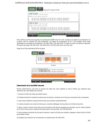 CURRÍCULA CCNA EXPLORATION 2 - Realizada y Subida por Clota para www.GarciaGaston.com.ar




 Para verificar que R3 envió paquetes de actualización EIGRP hacia R1 y R2, revisamos las tablas de enrutamiento. En 
 la  figura,  sólo  se  muestran  las  rutas  pertinentes.  Las  tablas  de  enrutamiento  de  R1  y  R2  muestran  estas  redes 
 adicionales en sus tablas de enrutamiento: 192.168.2.0/24 y 192.168.3.0/24. En lugar de enviar tres redes por separado, 
 R3 resume las redes 192.168.1.0/24, 192.168.2.0/24 y 192.168.3.0/24 como una única ruta. 

 Haga clic en Ruta resumida de R3 en la figura. 




 Determ inación de la ruta EIGRP resum ida 

 Primero  determinemos  cuál  sería  el  resumen  de  estas  tres  rutas  mediante  el  mismo  método  que  utilizamos  para 
 determinar las rutas estáticas de resumen: 

 1. Escriba en binario las redes que desea resumir. 

 2. Si desea encontrar la máscara de subred para el resumen, comience con el bit que se encuentra más a la izquierda. 

 3. Vaya hacia la derecha y busque todos los bits que coincidan consecutivamente. 

 4. Cuando encuentre una columna de bits que no coincida, deténgase. Se encuentra en el límite de resumen. 

 5. Ahora, cuente el número de los bits que se encuentran más hacia la izquierda que coincidan, que en nuestro ejemplo 
 es 22. Este número será su máscara de subred para la ruta resumida: /22 ó 255.255.252.0 

 6. Para encontrar la dirección de red para el resumen, copie los 22 bits que coinciden y agregue a todos los bits 0 al final 
 para obtener 32 bits. 

 El resultado es la dirección de red resumida y la máscara para 192.168.0.0/22.

                                                                                                                           392 
 