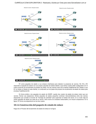 CURRÍCULA CCNA EXPLORATION 2 - Realizada y Subida por Clota para www.GarciaGaston.com.ar




         R1  envía  paquetes  de  saludo  a  sus  enlaces  (interfaces)  para  detectar  la  presencia  de  vecinos.  R2,  R3  y  R4 
responden al paquete de saludo con sus propios paquetes de saludo debido a que dichos routers están configurados con el 
mismo protocolo de enrutamiento de estado de enlace. No hay vecinos fuera de la interfaz FastEthernet  0/0. Debido a que 
R1 no recibe un Saludo en esta interfaz, no continuará con los pasos del proceso de enrutamiento de estado de enlace para 
el enlace FastEthernet 0/0. 

          En  forma  similar  a  los  paquetes  de  saludo  de  EIGRP,  cuando  dos  routers  de  estado  de  enlace  notan  que  son 
vecinos,  forman  una  adyacencia.  Dichos  paquetes  de  saludo  pequeños  continúan  intercambiándose  entre  dos  vecinos 
adyacentes  que  cumplen  la  función  de  "mensaje  de  actividad"  para  supervisar  el  estado  del  vecino.  Si  un  router  deja  de 
recibir paquetes de saludo por parte de un vecino,  dicho vecino se considera inalcanzable y se rompe la adyacencia.  En la 
figura, R1 forma una adyacencia con los tres routers. 


10.1.6 Construcción del paquete de estado de enlace 
Haga clic en Proceso del enrutamiento de estado de enlace en la figura.




                                                                                                                                    405 
 