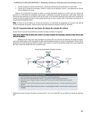 CURRÍCULA CCNA EXPLORATION 2 - Realizada y Subida por Clota para www.GarciaGaston.com.ar

    ·    durante la puesta en marcha inicial del router o del proceso del protocolo de enrutamiento en dicho router
    ·    cuando  hay un cambio en  la topología, incluido un enlace que se desactiva o activa, o una adyacencia de vecinos 
         que se establece o se rompe 

     Además  de  la  información  de  estado  de  enlace,  se  incluye  información  adicional  en  el  LSP,  como  los  números  de 
secuencia  y  la  información  de  antigüedad,  para  ayudar  a  administrar  el  proceso  de  saturación.  Cada  router  utiliza  esta 
información para determinar si ya recibió el LSP de otro router o si el LSP tiene información más nueva que la contenida en 
la base de datos de estado de enlace.  Este proceso permite que  un router conserve sólo  la  información más actual  en su 
base de datos de estado de enlace. 

Nota:  La  forma  en  que  se  utilizan  los  números  de  secuencia  y  la  información  de  antigüedad  se  encuentra  más  allá  del 
alcance de este plan de estudios. Podrá encontrar información adicional en Routing TCP/IP por Jeff Doyle. 


10.1.8  Construcción de una base de datos de estado de enlace 
El paso final en el proceso de enrutamiento de estado de enlace consiste en lo siguiente: 

Cada router utiliza la base de datos para construir una mapa completo de la topología y calcule el mejor cam ino para 
cada red de destino. 

        Después de que cada router haya propagado  sus propios LSP con el proceso de saturación de  estado de  enlace, 
cada router tendrá luego un LSP proveniente de cada router de estado de enlace en el área de enrutamiento. Dichos LSP se 
almacenan en la base de datos de estado de enlace. Cada router en el área de enrutamiento puede ahora usar el algoritmo 
SPF para construir los árboles SPF que vio anteriormente. 




Observemos la base de datos de estado de enlace para R1, así como el árbol SPF que se obtiene del cálculo del algoritmo 
SPF.




                                                                                                                                  409 
 