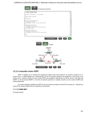 CURRÍCULA CCNA EXPLORATION 2 - Realizada y Subida por Clota para www.GarciaGaston.com.ar




11.2.2 comando router OSPF 
          OSPF  se  habilita  con  el  comando  de  configuración  global  router  ospf  process­id.  El  comando  process­id  es  un 
número  entre  1  y  65535  elegido  por  el  administrador  de  red.  El  comando  process­id  es  significativo  a  nivel  local,  lo  que 
implica  que  no  necesita  coincidir  con  otros routers OSPF  para  establecer  adyacencias  con  dichos  vecinos.  Esto  difiere  de 
EIGRP.  La  ID  del  proceso  EIGRP  o  el  número  de  sistema  autónomo  sí  necesita  coincidir  con  dos  vecinos  EIGRP  para 
volverse adyacente. 

        En nuestra topología, habilitaremos OSPF en los tres routers que utilizan la misma ID de proceso de 1. Utilizamos la 
misma ID de proceso simplemente por cuestiones de uniformidad. 

R1(config)#router ospf 1 

R1(config­router)#




                                                                                                                                       427 
 
