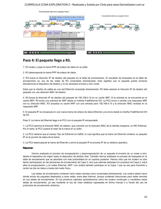 CURRÍCULA CCNA EXPLORATION 2 - Realizada y Subida por Clota para www.GarciaGaston.com.ar




Paso 4: El paquete llega a R3. 
1. R3 recibe y copia la trama PPP de enlace de datos en su búfer. 

2. R3 desencapsula la trama PPP de enlace de datos. 

3.  R3  busca  la  dirección  IP  de  destino  del paquete  en  la  tabla  de  enrutamiento.  El  resultado  de  búsqueda  en  la  tabla  de 
enrutamiento  es  una  de  las  redes  de  R3  conectadas  directamente.  Esto  significa  que  el  paquete  puede  enviarse 
directamente al dispositivo de destino y no es necesario enviarlo a otro router. 

Dado que la  interfaz de salida es una red Ethernet conectada directamente, R3 debe resolver la dirección IP de destino del 
paquete con una dirección MAC de destino. 

4. R3 busca la dirección IP de destino del paquete de 192.168.4.10 en su caché  ARP. Si  la entrada no se encuentra en el 
caché ARP, R3 envía una solicitud de ARP desde su interfaz FastEthernet 0/0. La PC2 envía a cambio una respuesta ARP 
con  su  dirección  MAC.  R3  actualiza  su  caché  ARP  con  una  entrada  para  192.168.4.10  y  la  dirección  MAC  recibida  en  la 
respuesta ARP. 

5. El paquete IP se encapsula en una nueva trama de enlace de datos Ethernet y se envía desde la interfaz FastEthernet 0/0 
de R3. 

Paso 5: La trama de Ethernet llega a la PC2 con el paquete IP encapsulado. 

1. La PC2 examina la dirección MAC de destino, que coincide con la dirección MAC de la interfaz receptora, su NIC Ethernet. 
Por lo tanto, la PC2 copiará el resto de la trama en su búfer. 

2. La PC2 observa que el campo Tipo de Ethernet es 0x800, lo cual significa que la trama de Ethernet contiene un paquete 
IP en la porción de datos de la trama. 

3. La PC2 desencapsula la trama de Ethernet y envía el paquete IP al proceso IP de su sistema operativo. 

Resum en 

          Hemos analizado el proceso de  encapsulación  y desencapsulación  de  un paquete al enviarlo de  un router a otro, 
desde el dispositivo de origen hasta el dispositivo de destino final. También hemos analizado el proceso de búsqueda en la 
tabla de  enrutamiento que se abordará con más profundidad en  un capítulo  posterior. Hemos visto que los  routers no sólo 
tienen participación en las decisiones de enrutamiento de Capa 3, sino que además participan en procesos de Capa 2, entre 
ellos la encapsulación, y en redes Ethernet, ARP. Los routers también participan en  la Capa 1 que se usa para transmitir y 
recibir los bits de datos a través del medio físico. 

          Las tablas de enrutamiento contienen tanto redes remotas como conectadas directamente. Los routers saben hacia 
dónde  enviar los paquetes destinados a otras redes, entre ellas Internet, porque contienen direcciones para redes remotas 
en  sus  tablas  de  enrutamiento.  En  los  próximos  capítulos  aprenderemos  cómo  los  routers  construyen  y  mantienen  estas 
tablas  de  enrutamiento,  ya  sea  mediante  el  uso  de  rutas  estáticas  ingresadas  en  forma  manual  o  a  través  del  uso  de 
protocolos de enrutamiento dinámico.




                                                                                                                                         43 
 