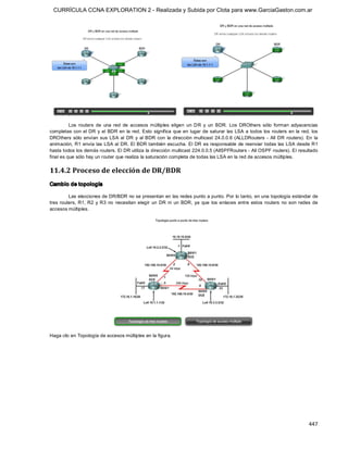 CURRÍCULA CCNA EXPLORATION 2 - Realizada y Subida por Clota para www.GarciaGaston.com.ar




          Los  routers  de  una  red  de  accesos  múltiples  eligen  un  DR  y  un  BDR.  Los  DROthers  sólo  forman  adyacencias 
completas  con  el  DR  y  el  BDR  en  la  red. Esto  significa  que  en  lugar  de saturar  las  LSA  a todos  los  routers  en  la  red,  los 
DROthers  sólo  envían  sus  LSA  al  DR  y  al  BDR  con  la  dirección  multicast  24.0.0.6  (ALLDRouters  ­  All  DR  routers). En  la 
animación,  R1 envía las LSA al  DR. El BDR también escucha. El DR es responsable  de reenviar todas las LSA desde R1 
hasta todos los demás routers. El DR utiliza la dirección multicast 224.0.0.5 (AllSPFRouters ­ All OSPF routers). El resultado 
final es que sólo hay un router que realiza la saturación completa de todas las LSA en la red de accesos múltiples. 

11.4.2 Proceso de elección de DR/BDR 
Cambio de topología 

         Las elecciones de DR/BDR no se presentan en las redes punto a punto. Por lo tanto, en una topología estándar de 
tres routers,  R1,  R2  y  R3  no  necesitan  elegir  un  DR  ni  un  BDR,  ya  que  los  enlaces  entre  estos  routers  no  son  redes  de 
accesos múltiples. 




Haga clic en Topología de accesos múltiples en la figura.




                                                                                                                                           447 
 