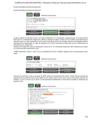 CURRÍCULA CCNA EXPLORATION 2 - Realizada y Subida por Clota para www.GarciaGaston.com.ar

Router(config­if)#ip ospf hello­intervalseconds 

Router(config­if)#ip ospf dead­intervalseconds 




La figura muestra los  intervalos muerto y de saludo modificados a 5 y 20  segundos,  respectivamente, en  la  interfaz Serial 
0/0/0  para  R1.  Inmediatamente  después  de  cambiar  el  intervalo  de  saludo,  el  IOS  de  Cisco  modifica  automáticamente  el 
intervalo muerto a un valor equivalente a cuatro veces el intervalo de saludo. Sin embargo, siempre es aconsejable modificar 
explícitamente  el  temporizador  en  lugar  de  depender  de  la  función  automática  de  IOS  para  que  las  modificaciones  se 
documenten en la configuración. 
Después de 20 segundos, expira el Temporizador muerto en R1. R1 y R2 pierden adyacencia. Sólo modificamos los valores 
en un lado del enlace serial entre R1 y R2. 

%OSPF­5­ADJCHG: Process 1, Nbr 10.2.2.2 on Serial0/0/0 from FULL to DOWN, Neighbor Down: El temporizador muerto 
expiró 




Recuerde,  los intervalos muerto y de saludo de OSPF deben ser equivalentes entre vecinos. Puede verificar la pérdida de 
adyacencia con el comando show ip ospf neighbor en R1. Observe que el vecino 10.2.2.2 ya no se encuentra presente. Sin 
embargo,  10.3.3.3  o  R3  aún  es  un  vecino.  Los  temporizadores  establecidos  en  Serial  0/0/0  no  afectan  la  adyacencia  de 
vecinos con R3.




                                                                                                                                 458 
 