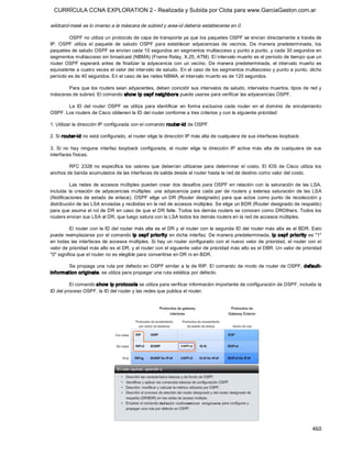 CURRÍCULA CCNA EXPLORATION 2 - Realizada y Subida por Clota para www.GarciaGaston.com.ar

wildcard­mask es lo inverso a la máscara de subred y area­id debería establecerse en 0. 

         OSPF no utiliza un protocolo de capa de transporte ya que los paquetes OSPF se envían directamente a través de 
IP.  OSPF  utiliza  el  paquete  de  saludo  OSPF  para  establecer  adyacencias  de  vecinos.  De  manera  predeterminada,  los 
paquetes de saludo OSPF se envían cada 10 segundos en segmentos multiacceso y punto a punto, y cada 30 segundos en 
segmentos multiacceso sin broadcast (NBMA) (Frame Relay, X.25, ATM). El intervalo muerto es el período de tiempo que un 
router  OSPF  esperará  antes  de  finalizar  la  adyacencia  con  un  vecino.  De  manera  predeterminada,  el  intervalo  muerto  es 
equivalente a cuatro veces el valor del intervalo de saludo.  En el caso de los segmentos multiacceso y punto a punto, dicho 
período es de 40 segundos. En el caso de las redes NBMA, el intervalo muerto es de 120 segundos. 

       Para  que los routers sean  adyacentes,  deben  coincidir  sus  intervalos de saludo,  intervalos muertos, tipos de red y 
máscaras de subred. El comando show ip ospf neighbors puede usarse para verificar las adyacencias OSPF. 

       La  ID  del  router  OSPF  se  utiliza  para  identificar  en  forma  exclusiva  cada  router  en  el  dominio  de  enrutamiento 
OSPF. Los routers de Cisco obtienen la ID del router conforme a tres criterios y con la siguiente prioridad: 

1. Utilizar la dirección IP configurada con el comando router­id de OSPF. 

2. Si router­id no está configurado, el router elige la dirección IP más alta de cualquiera de sus interfaces loopback. 

3.  Si  no  hay  ninguna  interfaz  loopback  configurada,  el  router  elige  la  dirección  IP  activa  más  alta  de  cualquiera  de  sus 
interfaces físicas. 

        RFC  2328  no  especifica  los  valores  que  deberían  utilizarse  para  determinar  el  costo.  El  IOS  de  Cisco  utiliza  los 
anchos de banda acumulados de las interfaces de salida desde el router hasta la red de destino como valor del costo. 

           Las  redes  de  accesos múltiples  pueden  crear  dos  desafíos  para  OSPF  en  relación  con  la  saturación  de  las  LSA, 
incluida  la  creación  de  adyacencias  múltiples:  una  adyacencia  para  cada  par  de  routers  y  extensa  saturación  de  las  LSA 
(Notificaciones  de  estado  de  enlace). OSPF  elige  un  DR  (Router  designado)  para  que  actúe  como  punto  de  recolección  y 
distribución de las LSA enviadas y recibidas en la red de accesos múltiples. Se elige un BDR (Router designado de respaldo) 
para que asuma el rol de DR en caso de que el DR falle. Todos los demás routers se conocen como DROthers. Todos los 
routers envían sus LSA al DR, que luego satura con la LSA todos los demás routers en la red de accesos múltiples. 

          El router con la ID del  router más alta es el  DR y  el router con la segunda ID del router más alta es  el BDR. Esto 
puede reemplazarse por el comando ip ospf priority en dicha interfaz. De manera predeterminada, ip ospf  priority es "1" 
en todas las interfaces de accesos múltiples. Si hay  un router  configurado con  el nuevo valor de prioridad, el router  con el 
valor de prioridad más alto es el DR, y el router con el siguiente valor de prioridad más alto es el DBR. Un valor de prioridad 
"0" significa que el router no es elegible para convertirse en DR ni en BDR. 

        Se propaga una ruta por defecto en OSPF similar a la de RIP. El comando de modo de router de OSPF, default­ 
information originate, se utiliza para propagar una ruta estática por defecto. 

         El comando show  ip protocols se utiliza para verificar información importante de configuración de OSPF, incluida la 
ID del proceso OSPF, la ID del router y las redes que publica el router.




                                                                                                                                       460 
 