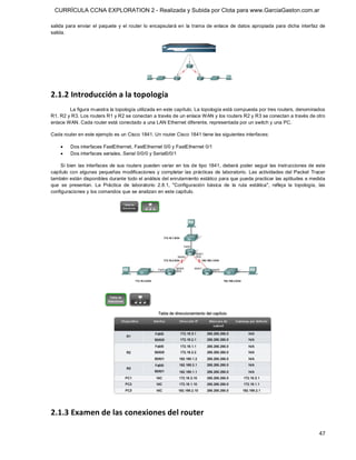 CURRÍCULA CCNA EXPLORATION 2 - Realizada y Subida por Clota para www.GarciaGaston.com.ar

salida  para  enviar  el  paquete  y  el  router  lo  encapsulará  en  la  trama  de  enlace  de  datos  apropiada  para  dicha  interfaz  de 
salida. 




2.1.2 Introducción a la topología 
        La figura muestra la topología utilizada en este capítulo. La topología está compuesta por tres routers, denominados 
R1, R2 y R3. Los routers R1 y R2 se conectan a través de un enlace WAN y los routers R2 y R3 se conectan a través de otro 
enlace WAN. Cada router está conectado a una LAN Ethernet diferente, representada por un switch y una PC. 

Cada router en este ejemplo es un Cisco 1841. Un router Cisco 1841 tiene las siguientes interfaces:

     ·    Dos interfaces FastEthernet, FastEthernet 0/0 y FastEthernet 0/1
     ·    Dos interfaces seriales, Serial 0/0/0 y Serial0/0/1 

     Si bien  las  interfaces de  sus routers pueden variar  en  los de tipo  1841,  deberá poder  seguir  las  instrucciones de  este 
capítulo  con  algunas  pequeñas modificaciones  y  completar las  prácticas  de  laboratorio.  Las  actividades  del  Packet  Tracer 
también están disponibles durante todo el análisis del enrutamiento estático para que pueda practicar las aptitudes a medida 
que  se  presentan.  La  Práctica  de  laboratorio  2.8.1,  "Configuración  básica  de  la  ruta  estática",  refleja  la  topología,  las 
configuraciones y los comandos que se analizan en este capítulo. 




2.1.3 Examen de las conexiones del router

                                                                                                                                          47 
 