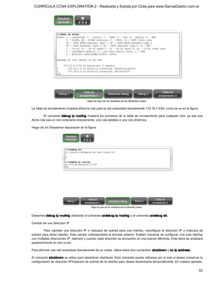CURRÍCULA CCNA EXPLORATION 2 - Realizada y Subida por Clota para www.GarciaGaston.com.ar




La tabla de enrutamiento muestra ahora la ruta para la red conectada directamente 172.16.1.0/24, como se ve en la figura. 

         El  comando  debug  ip  routing  muestra  los  procesos  de  la  tabla  de  enrutamiento  para  cualquier  ruta,  ya  sea  que 
dicha ruta sea un red conectada directamente, una ruta estática o una ruta dinámica. 

Haga clic en Desactivar depuración en la figura. 




Desactive debug ip routing utilizando el comando undeb ug ip routing o el comando undebug all. 

Cambio de una dirección IP 

         Para  cambiar  una  dirección  IP  o  máscara  de  subred  para  una  interfaz,  reconfigure  la  dirección  IP  y  máscara  de 
subred para  dicha  interfaz.  Este cambio sobreescribirá la entrada anterior. Existen maneras de configurar una sola  interfaz 
con múltiples direcciones IP, siempre y cuando cada dirección se encuentre en una subred diferente. Este tema se analizará 
posteriormente en otro curso. 

Para eliminar una red conectada directamente de un router, utilice estos dos comandos: shutdow n y no ip address. 

El comando shutdow n se utiliza para desactivar interfaces. Este comando puede utilizarse por sí solo si desea conservar la 
configuración de dirección IP/máscara de subred de la interfaz pero desea desactivarla temporalmente. En nuestro ejemplo,

                                                                                                                                     65 
 