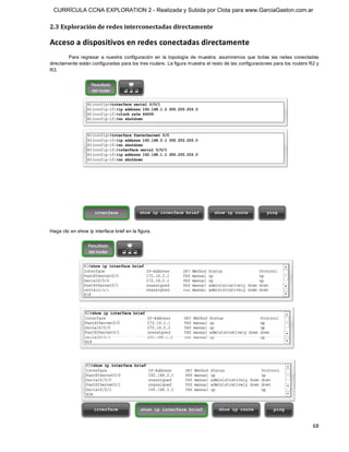 CURRÍCULA CCNA EXPLORATION 2 - Realizada y Subida por Clota para www.GarciaGaston.com.ar

2.3 Exploración de redes interconectadas directamente 

Acceso a dispositivos en redes conectadas directamente 
        Para  regresar  a  nuestra  configuración  en  la  topología  de  muestra,  asumiremos  que  todas  las  redes  conectadas 
directamente están configuradas para los tres routers. La figura muestra el resto de las configuraciones para los routers R2 y 
R3. 




Haga clic en show ip interface brief en la figura.




                                                                                                                               68 
 