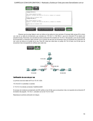 CURRÍCULA CCNA EXPLORATION 2 - Realizada y Subida por Clota para www.GarciaGaston.com.ar




         Observe que los pings fallaron como se indica en las series de cinco períodos. El proceso falló porque R2 no tiene 
una  ruta  en  su  tabla  de  enrutamiento  que  coincida  con  172.16.3.1  ó  192.168.2.1,  que  es  la  dirección  IP  de  destino  del 
paquete de ping. Para tener una coincidencia entre la dirección IP de destino de 172.16.3.1 del paquete y una ruta de la tabla 
de enrutamiento, la dirección debe coincidir con el número de bits que se encuentran más a la izquierda de la dirección de 
red,  como  se  indica  en  el  prefijo  de  la  ruta.  Para R2, todos  las  rutas  tiene  un  prefijo /24.  Por  lo  tanto,  los  24  bits  que  se 
encuentran más a la izquierda se verifican para cada ruta. 




Verificación de una ruta por vez 

La primera ruta de la tabla de R1 es 172.16.1.0/24. 

172.16.0.0/24 is subnetted, 2 subnets 

C 172.16.1.0 is directly connected, FastEthernet0/0 

El proceso de la tabla de enrutamiento del IOS verifica si los 24 bits que se encuentran más a la izquierda de la dirección IP 
de destino del paquete, 172.16.3.1, coinciden con la red 172.16.1.0/24. 

Reproduzca la primera animación en la figura.




                                                                                                                                                70 
 