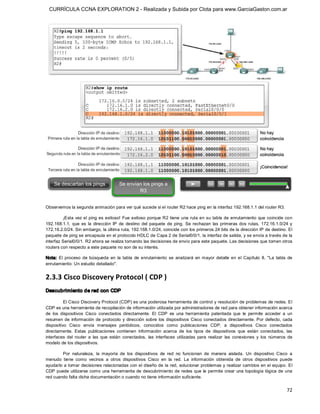 CURRÍCULA CCNA EXPLORATION 2 - Realizada y Subida por Clota para www.GarciaGaston.com.ar




Observemos la segunda animación para ver qué sucede si el router R2 hace ping en la interfaz 192.168.1.1 del router R3. 

          ¡Esta vez el ping es  exitoso! Fue exitoso porque R2 tiene  una ruta en su tabla de enrutamiento que coincide con 
192.168.1.1,  que  es  la  dirección  IP  de  destino  del  paquete  de  ping.  Se  rechazan  las  primeras  dos  rutas,  172.16.1.0/24  y 
172.16.2.0/24. Sin embargo, la última ruta, 192.168.1.0/24, coincide con los primeros 24 bits de la dirección IP de destino. El 
paquete de ping se encapsula en el protocolo HDLC de Capa 2 de Serial0/0/1, la interfaz de salida, y se envía a través de la 
interfaz Serial0/0/1. R2 ahora se realiza tomando las decisiones de envío para este paquete. Las decisiones que tomen otros 
routers con respecto a este paquete no son de su interés. 

Nota:  El  proceso  de  búsqueda  en  la  tabla  de  enrutamiento  se  analizará  en  mayor  detalle  en  el  Capítulo  8,  "La  tabla  de 
enrutamiento: Un estudio detallado". 


2.3.3 Cisco Discovery Protocol ( CDP ) 
Descubrimiento de red con CDP 

          El Cisco Discovery Protocol (CDP) es una poderosa herramienta de control y resolución de problemas de redes. El 
CDP es una herramienta de recopilación de información utilizada por administradores de red para obtener información acerca 
de  los  dispositivos  Cisco  conectados  directamente.  El  CDP  es  una  herramienta  patentada  que  le  permite  acceder  a  un 
resumen  de  información  de  protocolo  y  dirección  sobre  los  dispositivos  Cisco  conectados  directamente. Por  defecto,  cada 
dispositivo  Cisco  envía  mensajes  periódicos,  conocidos  como  publicaciones  CDP,  a  dispositivos  Cisco  conectados 
directamente.  Estas  publicaciones  contienen  información  acerca  de  los  tipos  de  dispositivos  que  están  conectados,  las 
interfaces  del  router  a  las  que  están  conectados,  las  interfaces  utilizadas  para  realizar  las  conexiones  y  los  números  de 
modelo de los dispositivos. 

        Por  naturaleza,  la  mayoría  de  los  dispositivos  de  red  no  funcionan  de  manera  aislada.  Un  dispositivo  Cisco  a 
menudo  tiene  como  vecinos  a  otros  dispositivos  Cisco  en  la  red.  La  información  obtenida  de  otros  dispositivos  puede 
ayudarlo a tomar decisiones relacionadas con el diseño de la red, solucionar problemas y realizar cambios en el equipo. El 
CDP puede utilizarse como una herramienta  de descubrimiento de redes que le permite crear una topología lógica de una 
red cuando falta dicha documentación o cuando no tiene información suficiente.


                                                                                                                                        72 
 