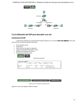 CURRÍCULA CCNA EXPLORATION 2 - Realizada y Subida por Clota para www.GarciaGaston.com.ar




2.3.4 Utilización del CDP para descubrir una red 
Comandos show del CDP 

        La información obtenida por el protocolo CDP puede analizarse con el comando show  cdp neighbors. Para cada 
vecino de CDP se muestra la siguiente información:

    ·    ID de dispositivo vecino,
    ·    Interfaz local,
    ·    Valor de tiempo de espera, en segundos,
    ·    Código de capacidad del dispositivo vecino,
    ·    Plataforma de hardware del vecino e
    ·    ID del puerto remoto del vecino. 




Haga clic en show cdp neighbors detail en la figura.




                                                                                                                75 
 