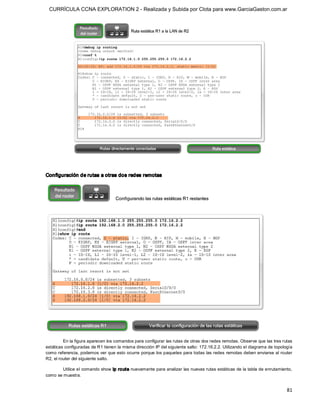 CURRÍCULA CCNA EXPLORATION 2 - Realizada y Subida por Clota para www.GarciaGaston.com.ar




Configuración de rutas a otras dos redes remotas 




         En la figura aparecen los comandos para configurar las rutas de otras dos redes remotas. Observe que las tres rutas 
estáticas configuradas de R1 tienen la misma dirección IP del siguiente salto: 172.16.2.2. Utilizando el diagrama de topología 
como referencia, podemos ver que esto ocurre porque los paquetes para todas las redes remotas deben enviarse al router 
R2, el router del siguiente salto. 

        Utilice el comando show ip ro ute nuevamente para analizar las nuevas rutas estáticas de la tabla de enrutamiento, 
como se muestra.


                                                                                                                           81 
 