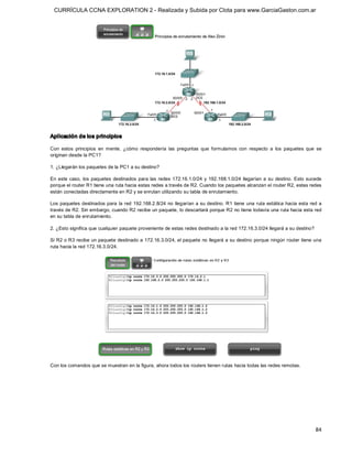 CURRÍCULA CCNA EXPLORATION 2 - Realizada y Subida por Clota para www.GarciaGaston.com.ar




Aplicación de los principios 

Con  estos  principios  en  mente,  ¿cómo  respondería  las  preguntas  que  formulamos  con  respecto  a  los  paquetes  que  se 
originan desde la PC1? 

1. ¿Llegarán los paquetes de la PC1 a su destino? 

En  este caso,  los  paquetes  destinados  para  las  redes  172.16.1.0/24  y  192.168.1.0/24  llegarían  a  su  destino.  Esto  sucede 
porque el router R1 tiene una ruta hacia estas redes a través de R2. Cuando los paquetes alcanzan el router R2, estas redes 
están conectadas directamente en R2 y se enrutan utilizando su tabla de enrutamiento. 

Los paquetes destinados para  la red 192.168.2.8/24 no  llegarían  a su destino.  R1 tiene una ruta  estática hacia esta  red  a 
través de R2. Sin embargo, cuando R2 recibe un paquete, lo descartará porque R2 no tiene todavía una ruta hacia esta red 
en su tabla de enrutamiento. 

2. ¿Esto significa que cualquier paquete proveniente de estas redes destinado a la red 172.16.3.0/24 llegará a su destino? 

Si R2 o R3 recibe un paquete destinado a 172.16.3.0/24, el paquete no llegará a su destino porque ningún router tiene una 
ruta hacia la red 172.16.3.0/24. 




Con los comandos que se muestran en la figura, ahora todos los routers tienen rutas hacia todas las redes remotas.




                                                                                                                                    84 
 