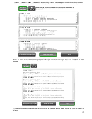 CURRÍCULA CCNA EXPLORATION 2 - Realizada y Subida por Clota para www.GarciaGaston.com.ar




Analice  las tablas de enrutamiento en la figura para verificar que todos los routers tengan ahora rutas hacia todas las redes 
remotas. 




La conectividad también puede verificarse haciendo ping en las interfaces remotas desde el router R1, como se muestra en 
la figura.
                                                                                                                           85 
 