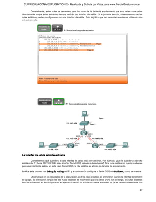 CURRÍCULA CCNA EXPLORATION 2 - Realizada y Subida por Clota para www.GarciaGaston.com.ar

          Generalmente,  estas  rutas  se  resuelven  para  las  rutas  de  la  tabla  de  enrutamiento  que  son  redes  conectadas 
directamente porque estas entradas siempre tendrán una  interfaz de  salida.  En  la próxima sección, observaremos que  las 
rutas  estáticas  pueden  configurarse  con  una  interfaz  de  salida.  Esto  significa  que  no  necesitan  resolverse  utilizando  otra 
entrada de ruta. 




La interfaz de salida está desactivada 

         Consideremos qué sucedería si  una  interfaz de  salida deja de  funcionar. Por ejemplo,  ¿qué le  sucedería a la ruta 
estática de R1 hacia 192.16.2.0/24 si su interfaz Serial 0/0/0 estuviera desactivada? Si la ruta estática no puede resolverse 
para una interfaz de salida, en este caso, Serial 0/0/0, la ruta estática se elimina de la tabla de enrutamiento. 

Analice este proceso con debug ip routing en R1 y a continuación configure la Serial 0/0/0 en shutdow n, como se muestra. 

        Observe que en los resultados de la depuración, las tres rutas estáticas se eliminaron cuando la interfaz Serial 0/0/0 
se apagó. Se eliminaron porque las tres rutas estáticas se resolvieron para la Serial 0/0/0. Sin embargo,  las rutas estáticas 
aún se encuentran en la configuración en ejecución de R1. Si la interfaz vuelve al estado up (si se habilita nuevamente con


                                                                                                                                       87 
 