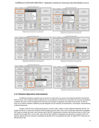 CURRÍCULA CCNA EXPLORATION 2 - Realizada y Subida por Clota para www.GarciaGaston.com.ar




1.1.3 Sistema Operativo Internetwork 
         El software del sistema operativo que se usa en los routers Cisco se conoce como Sistema Operativo Internetwork 
(IOS) de Cisco. Como cualquier sistema operativo de una computadora, el IOS de Cisco administra los recursos de hardware 
y software del router, incluso la asignación de memoria, los procesos, la seguridad y los sistemas de archivos. El IOS de 
Cisco es un sistema operativo multitarea que está integrado con las funciones de enrutamiento, conmutación, internetworking 
y telecomunicaciones. 

         Aunque el IOS de Cisco puede parecer igual en muchos routers, existen muchas imágenes diferentes de IOS. Una 
imagen de IOS es un archivo que contiene el IOS completo para ese router. Cisco crea muchos tipos diferentes de imágenes 
IOS, según el modelo del router y las funciones dentro del IOS. Generalmente, mientras más funciones haya en el IOS, más 
grande será la imagen IOS; y por lo tanto, más memoria flash y RAM se necesitarán para almacenar y guardar el IOS. Por 
ejemplo, algunas funciones incluyen la posibilidad de ejecutar IPv6 o la posibilidad del router de realizar NAT (Traducción de 
direcciones de red).

                                                                                                                             9 
 
