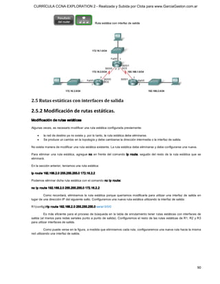 CURRÍCULA CCNA EXPLORATION 2 - Realizada y Subida por Clota para www.GarciaGaston.com.ar




2.5 Rutas estáticas con interfaces de salida 

2.5.2 Modificación de rutas estáticas. 
Modificación de rutas estáticas 

Algunas veces, es necesario modificar una ruta estática configurada previamente:

     ·    la red de destino ya no existe y, por lo tanto, la ruta estática debe eliminarse.
     ·    Se produce un cambio en la topología y debe cambiarse la dirección intermedia o la interfaz de salida. 

No existe manera de modificar una ruta estática existente. La ruta estática debe eliminarse y debe configurarse una nueva. 

Para  eliminar  una  ruta  estática,  agregue  no  en  frente  del  comando  ip  route,  seguido  del  resto  de  la  ruta  estática  que  se 
eliminará. 

En la sección anterior, teníamos una ruta estática: 

ip route 192.168.2.0 255.255.255.0 172.16.2.2 

Podemos eliminar dicha ruta estática con el comando no ip route: 

no ip route 192.168.2.0 255.255.255.0 172.16.2.2 

         Como  recordará,  eliminamos  la  ruta  estática  porque  queríamos  modificarla  para  utilizar  una  interfaz  de  salida  en 
lugar de una dirección IP del siguiente salto. Configuramos una nueva ruta estática utilizando la interfaz de salida: 

R1(config)#ip r oute 192.168.2.0 255.255.255.0 serial 0/0/0 

          Es más eficiente para el proceso de búsqueda en la tabla de enrutamiento tener rutas  estáticas con  interfaces de 
salida (al menos para redes seriales punto a punto de salida). Configuremos el resto de las rutas estáticas de R1, R2 y R3 
para utilizar interfaces de salida. 

          Como puede verse en la figura, a medida que eliminamos cada ruta, configuraremos una nueva ruta hacia la misma 
red utilizando una interfaz de salida.




                                                                                                                                          90 
 