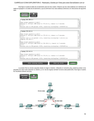 CURRÍCULA CCNA EXPLORATION 2 - Realizada y Subida por Clota para www.GarciaGaston.com.ar

         Esta figura muestra la tabla de enrutamiento para los tres routers. Observe que las rutas estáticas con interfaces de 
salida se agregaron a la tabla de enrutamiento y que se eliminaron las rutas estáticas anteriores con direcciones del siguiente 
salto. 




          La prueba final es enrutar paquetes desde el origen al destino. Utilizando el comando ping, podemos probar si los 
paquetes de cada router alcanzan su destino y si la ruta de regreso también funciona adecuadamente. Esta figura muestra 
los resultados exitosos del ping.




                                                                                                                            93 
 