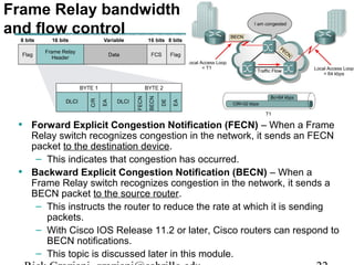 Frame Relay bandwidth
and flow control
• Forward Explicit Congestion Notification (FECN) – When a Frame
Relay switch recognizes congestion in the network, it sends an FECN
packet to the destination device.
– This indicates that congestion has occurred.
• Backward Explicit Congestion Notification (BECN) – When a
Frame Relay switch recognizes congestion in the network, it sends a
BECN packet to the source router.
– This instructs the router to reduce the rate at which it is sending
packets.
– With Cisco IOS Release 11.2 or later, Cisco routers can respond to
BECN notifications.
– This topic is discussed later in this module.
 