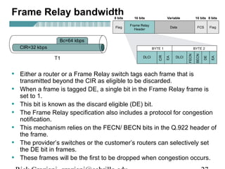 Frame Relay bandwidth
• Either a router or a Frame Relay switch tags each frame that is
transmitted beyond the CIR as eligible to be discarded.
• When a frame is tagged DE, a single bit in the Frame Relay frame is
set to 1.
• This bit is known as the discard eligible (DE) bit.
• The Frame Relay specification also includes a protocol for congestion
notification.
• This mechanism relies on the FECN/ BECN bits in the Q.922 header of
the frame.
• The provider’s switches or the customer’s routers can selectively set
the DE bit in frames.
• These frames will be the first to be dropped when congestion occurs.
 