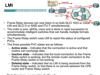 LMI
• Frame Relay devices can now listen in on both DLCI 1023 or Cisco
LMI and DLCI 0 or ANSI and ITU-T simultaneously.
• The order is ansi, q933a, cisco and is done in rapid succession to
accommodate intelligent switches that can handle multiple formats
simultaneously.
• The Frame Relay switch uses LMI to report the status of configured
PVCs.
• The three possible PVC states are as follows:
– Active state – Indicates that the connection is active and that
routers can exchange data.
– Inactive state – Indicates that the local connection to the Frame
Relay switch is working, but the remote router connection to the
Frame Relay switch is not working.
– Deleted state – Indicates that no LMI is being received from the
Frame Relay switch, or that there is no service between the CPE
router and Frame Relay switch.
 
