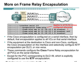 More on Frame Relay Encapsulation
• If the Cisco encapsulation is configured on a serial interface, then by
default, that encapsulation applies to all VCs on that serial interface.
• If the equipment at the destination is Cisco and non-Cisco, configure
the Cisco encapsulation on the interface and selectively configure IETF
encapsulation per DLCI, or vice versa.
• These commands configure the Cisco Frame Relay encapsulation for
all PVCs on the serial interface.
• Except for the PVC corresponding to DLCI 49, which is explicitly
configured to use the IETF encapsulation.
Applies to all DLCIs unless
configured otherwise
 