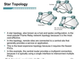 Star Topology
• A star topology, also known as a hub and spoke configuration, is the
most popular Frame Relay network topology because it is the most
cost-effective.
• In this topology, remote sites are connected to a central site that
generally provides a service or application.
• This is the least expensive topology because it requires the fewest
PVCs.
• In this example, the central router provides a multipoint connection,
because it is typically using a single interface to interconnect multiple
PVCs.
 