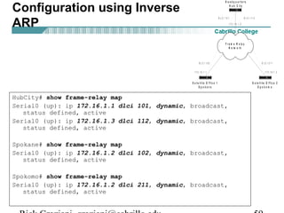 HubCity# show frame-relay map
Serial0 (up): ip 172.16.1.1 dlci 101, dynamic, broadcast,
status defined, active
Serial0 (up): ip 172.16.1.3 dlci 112, dynamic, broadcast,
status defined, active
Spokane# show frame-relay map
Serial0 (up): ip 172.16.1.2 dlci 102, dynamic, broadcast,
status defined, active
Spokomo# show frame-relay map
Serial0 (up): ip 172.16.1.2 dlci 211, dynamic, broadcast,
status defined, active
F r a m e R e l a y
N e t w o r k
H e a d q u a r t e r s
H u b C it y
S a t e llit e O f f ic e 1
S p o k a n e
S a t e ll it e O f f ic e 2
S p o k o m o
1 7 2 . 1 6 . 1 . 1 1 7 2 . 1 6 . 1 . 3
1 7 2 . 1 6 . 1 . 2
D L C I 1 0 1
D L C I 1 0 2
D L C I 1 1 2
D L C I 2 1 1
Configuration using Inverse
ARP
 