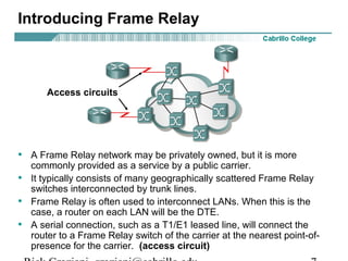 Introducing Frame Relay
• A Frame Relay network may be privately owned, but it is more
commonly provided as a service by a public carrier.
• It typically consists of many geographically scattered Frame Relay
switches interconnected by trunk lines.
• Frame Relay is often used to interconnect LANs. When this is the
case, a router on each LAN will be the DTE.
• A serial connection, such as a T1/E1 leased line, will connect the
router to a Frame Relay switch of the carrier at the nearest point-of-
presence for the carrier. (access circuit)
Access circuits
 