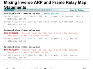 HubCity# show frame-relay map (after reload)
Serial0 (up): ip 172.16.1.1 dlci 101, dynamic, broadcast, status
defined, active
Serial0 (up): ip 172.16.1.3 dlci 112, dynamic, broadcast, status
defined, active
Spokane# show frame-relay map
NOW MISSING: Serial0 (up): ip 172.16.1.2 dlci 102, dynamic,
broadcast, status defined, active
Serial0 (up): ip 172.16.1.3 dlci 102, static, CISCO, status
defined, active
Spokomo# show frame-relay map
NOW MISSING: Serial0 (up): ip 172.16.1.2 dlci 211, dynamic,
broadcast, status defined, active
Serial0 (up): ip 172.16.1.1 dlci 211, static, CISCO, status
defined, active
Mixing Inverse ARP and Frame Relay Map
Statements
 